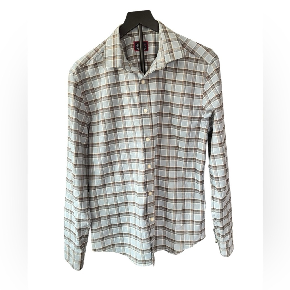 UNTUCKit Medium Blue Gray Plaid Button Down Shirt Stretch Long Sleeve F45